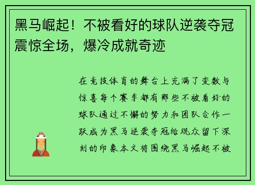 黑马崛起!不被看好的球队逆袭夺冠震惊全场,爆冷成就奇迹 黑马崛起!不被看好的球队逆袭夺冠震惊全场,爆冷成就奇迹