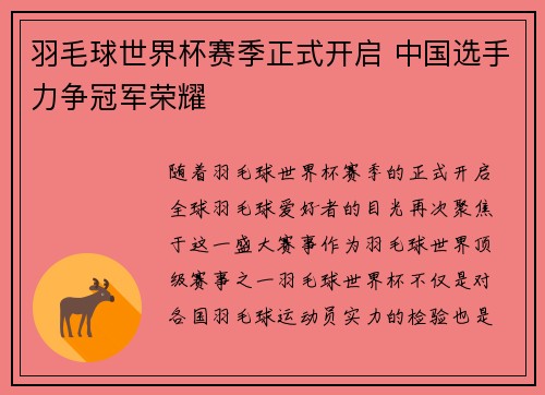 羽毛球世界杯赛季正式开启 中国选手力争冠军荣耀